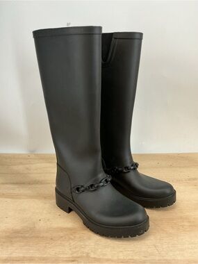 Coach Women's Black Tall Chain-Trim Rain Boots Size 6